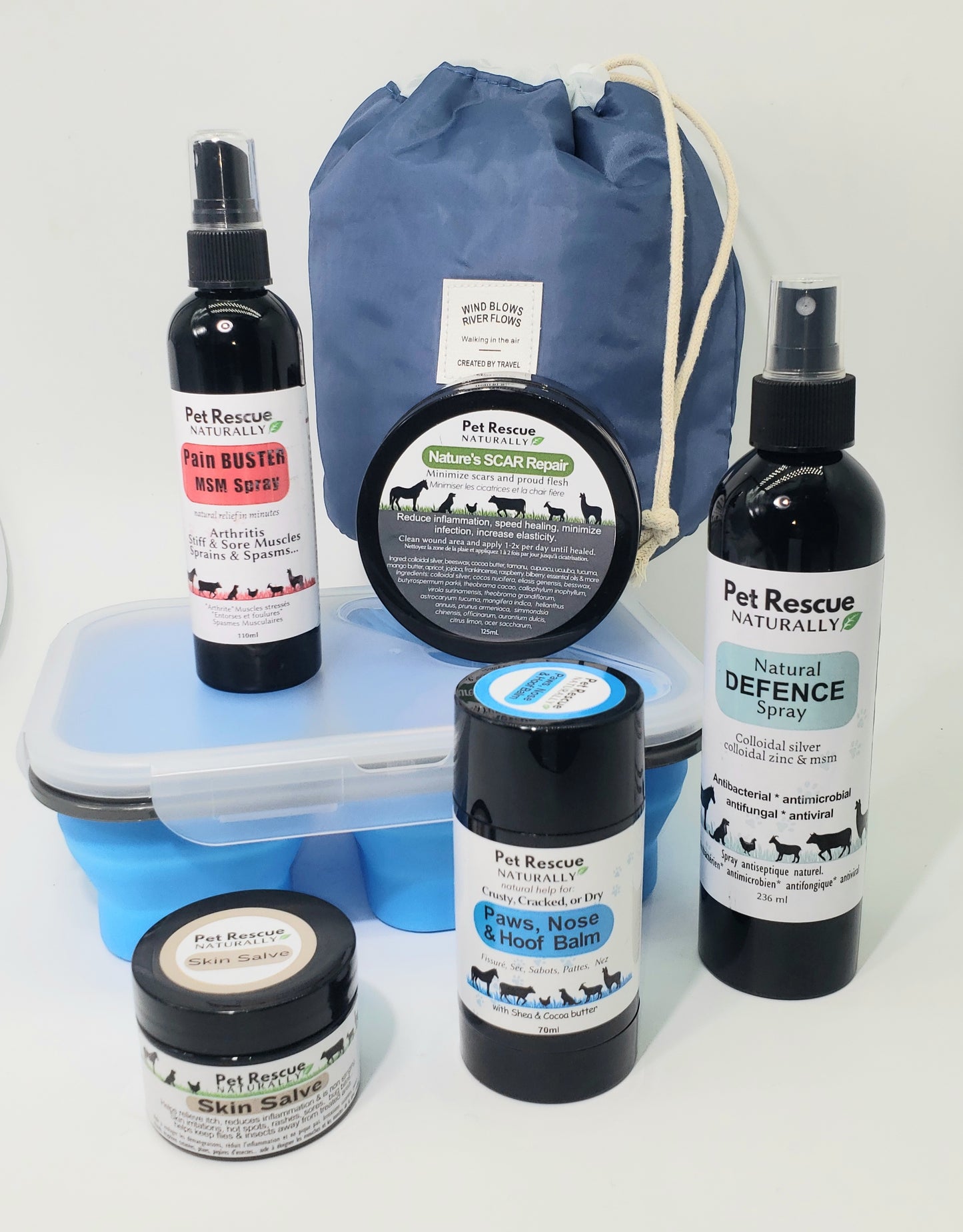 Pet Rescue set with Blue Draw string Bag (will hold all these) conents, Collapsible silcone dog dish, 110ml Pain buster spray, 30ml skin salve, 125ml Natures scar repair, 70ml paws, nose and hoof balm and 236ml Natral Defence spray all in black plastic containers.