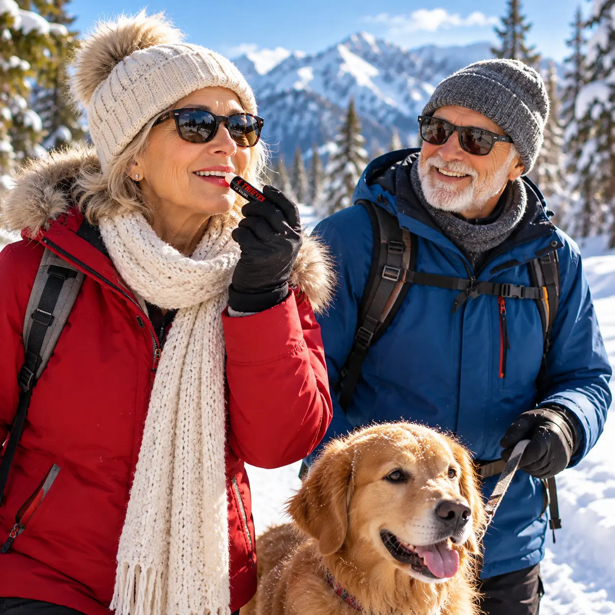 An older woman in a red winter jacket and cream scarf applies 4 Thieves lip balm to her lips while standing in the snow with a golden retriever dog and an older man in a blue jacket and gray beanie, with snowy mountains in the background.