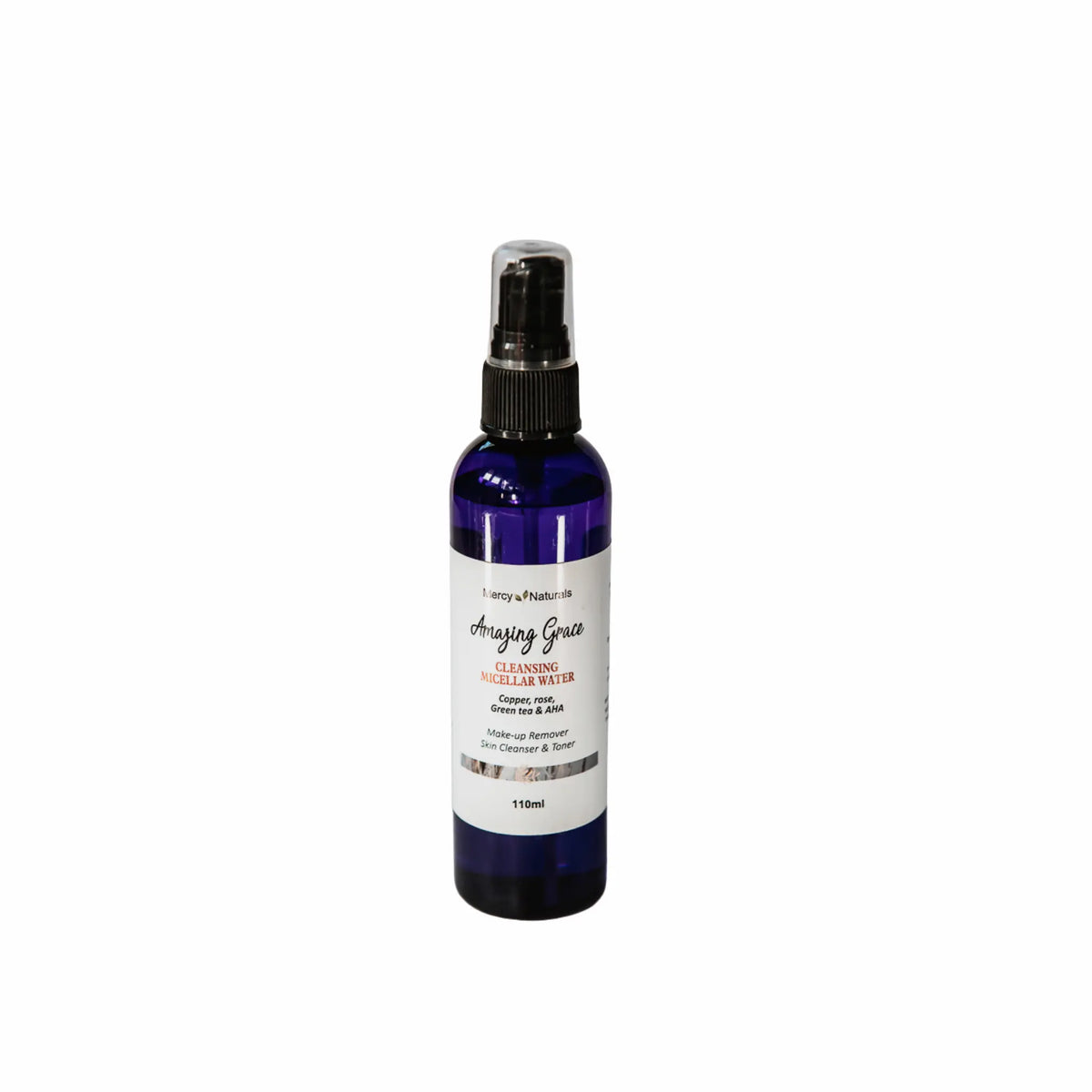 Blue spray bottle with a white label on a white background