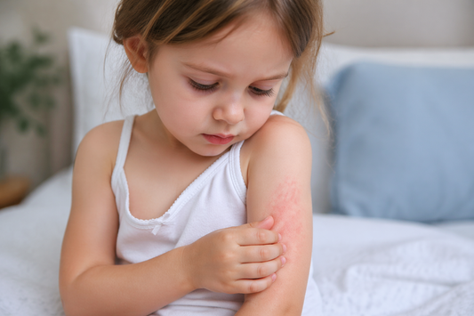 young child sitting on edge of bed scratching bug bite on arm.