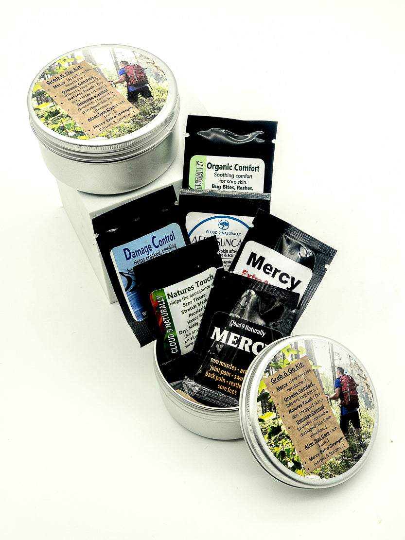 3 inch round aluminum tin with a foil sample pack of Mercy, Extra Strength mercy, Natures touch, Damage control, Organic comfort, calm the choas, includers 2 Bandaids, 1 Steri strips, 2 Alcohol swabs and 1 wet nap.