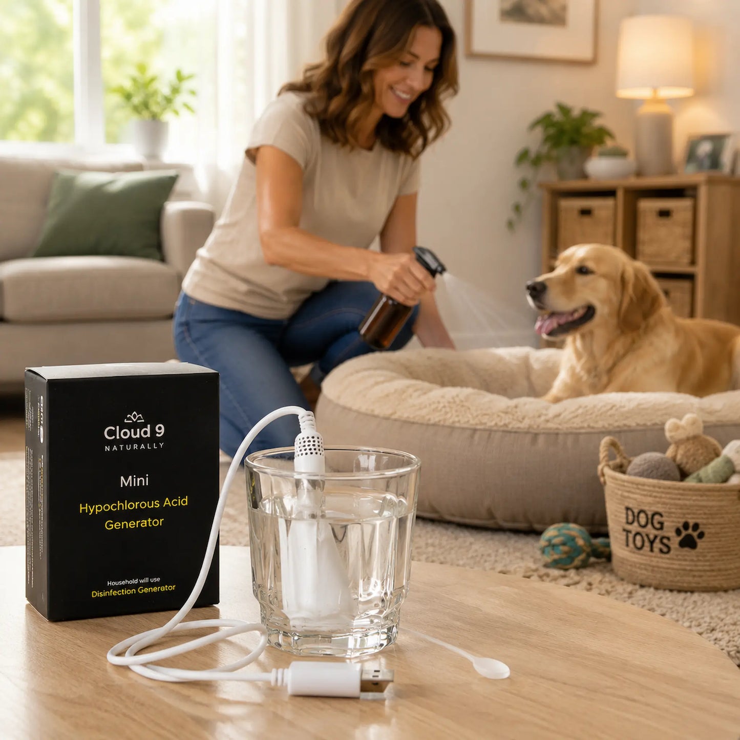 A woman in a living room sprays a golden retriever from a bottle while the product box and Mini Hypochlorous Acid Generator sit on a table in the foreground. The dog is in a beige pet bed, and a basket of dog toys is nearby.