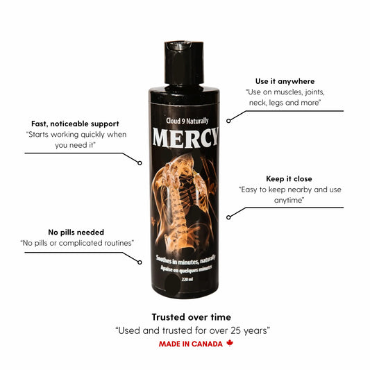 Mercy bottle on white background with 4 talking points.