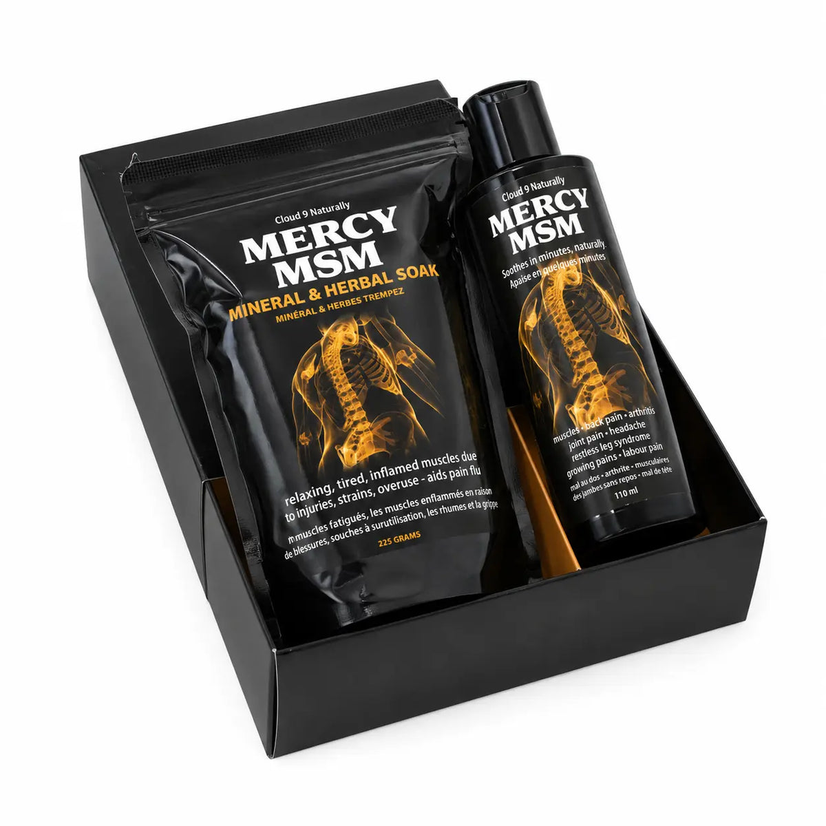 Mercy MSM product set including a bag and a bottle in a black box on a white background