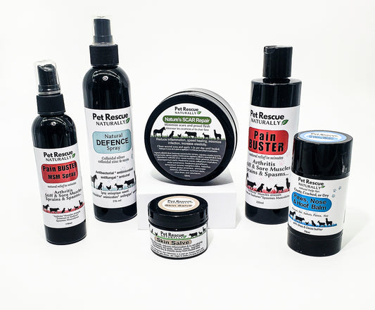Our pet rescue pet collection all plastic black containers. Pain buster spray 110ml, & 220ml lotion, Naural Defence spay 236ml, Skin Salve 30ml, Natures Scar repain 125ml and Paws nose and hoof balm 70ml.