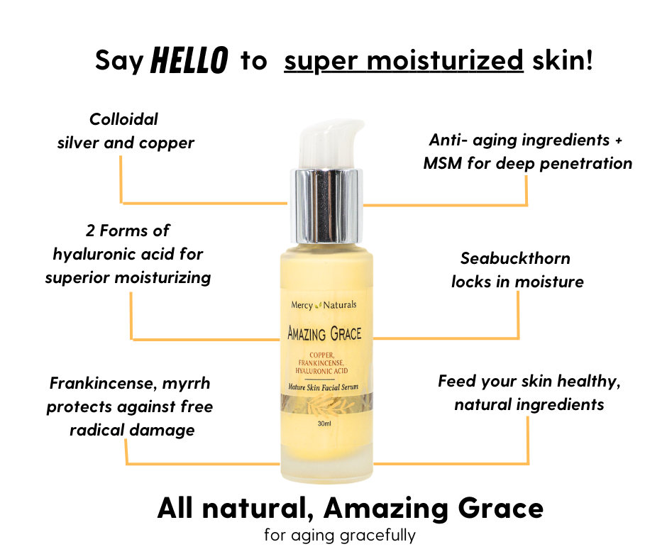 Amazing Grace Hyaluronic acid serum 30 ml frosted glass stuby bottle with a pump top.