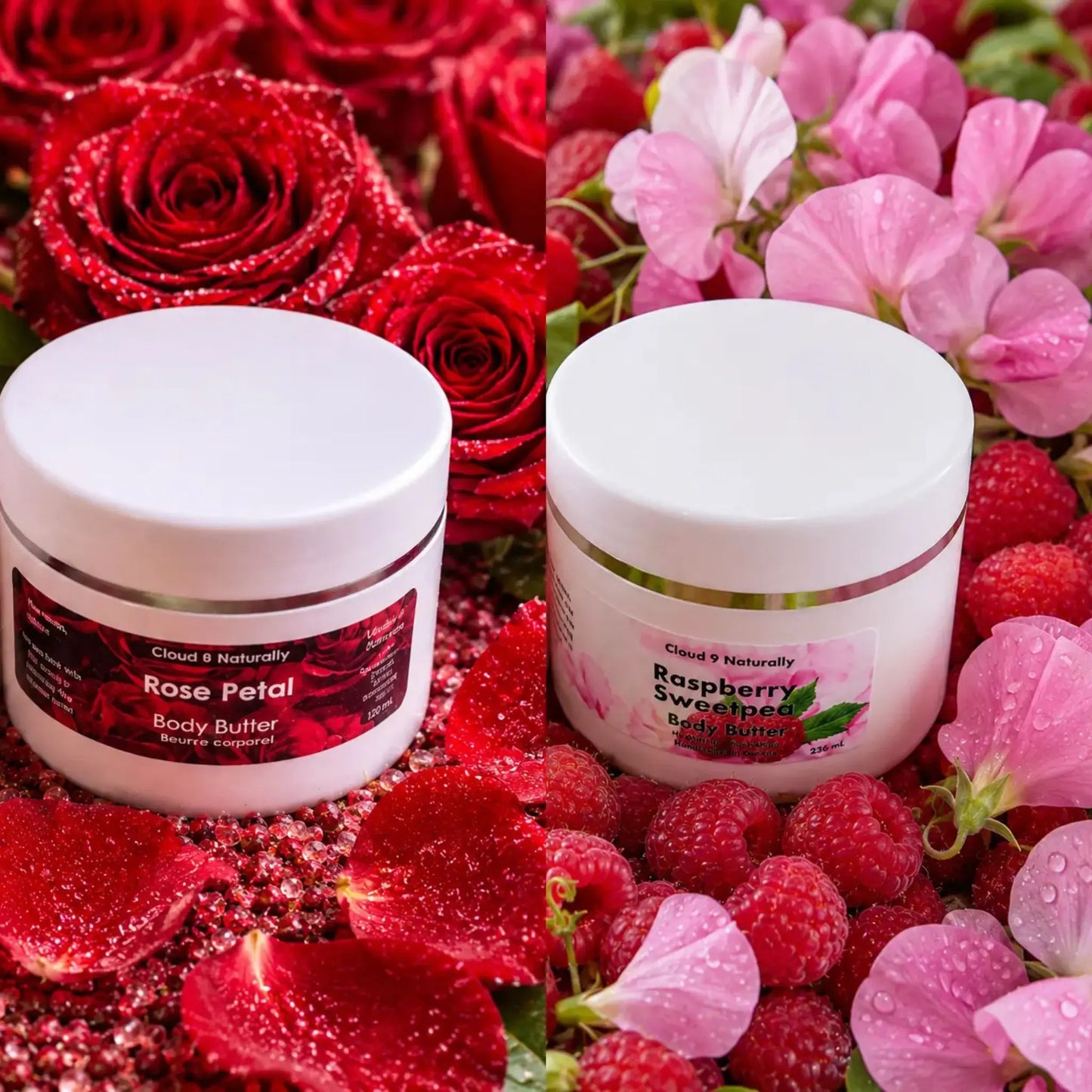 Body butter, rose petal and raspberry sweet pea surrounded by roses and raspberries
