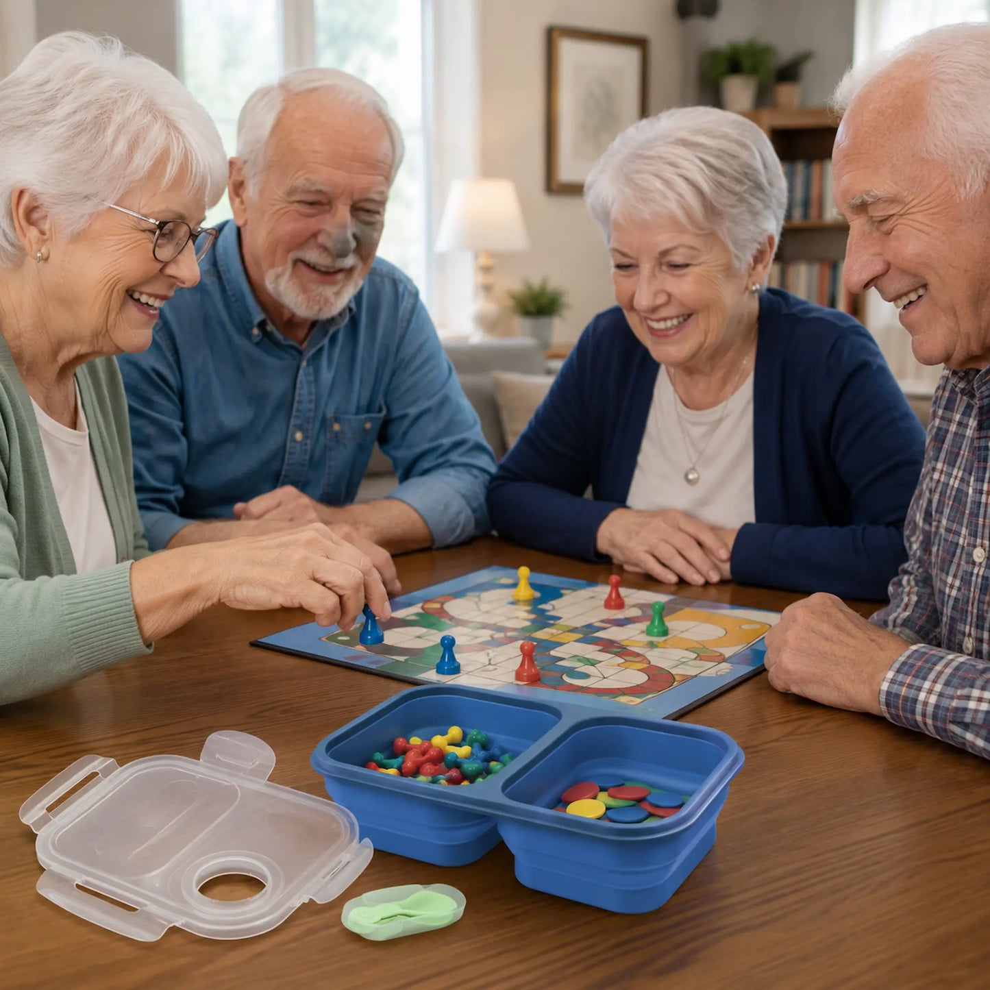 Four smiling older adults gathered around a wooden table, playing a colorful board game. Two blue divided snack containers filled with small round game pieces sit on the table, along with a clear plastic lid.