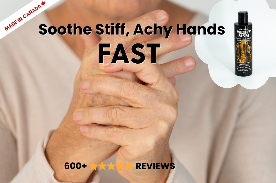 woman rubbing arthritic hands and a bottle of Mercy sits at the side.