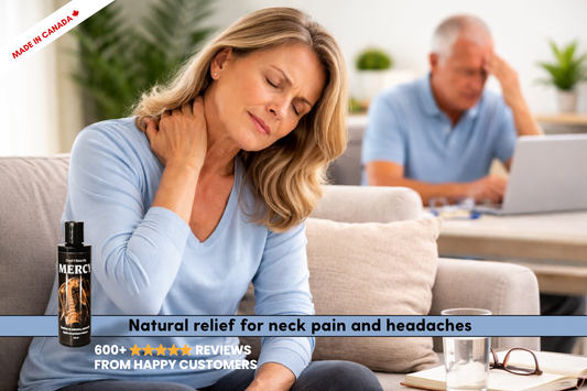 woman in forground rubbing her neck and background contains a senior rubbing his forehead.  A bottle of Mercy Pain relief is in foreground.