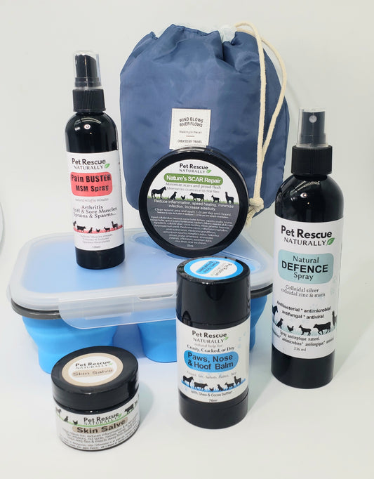 Pet Rescue set with Blue Draw string Bag (will hold all these) conents, Collapsible silcone dog dish, 110ml Pain buster spray, 30ml skin salve,  125ml Natures scar repair, 70ml paws, nose and  hoof balm and 236ml Natral Defence spray all in black plastic containers.