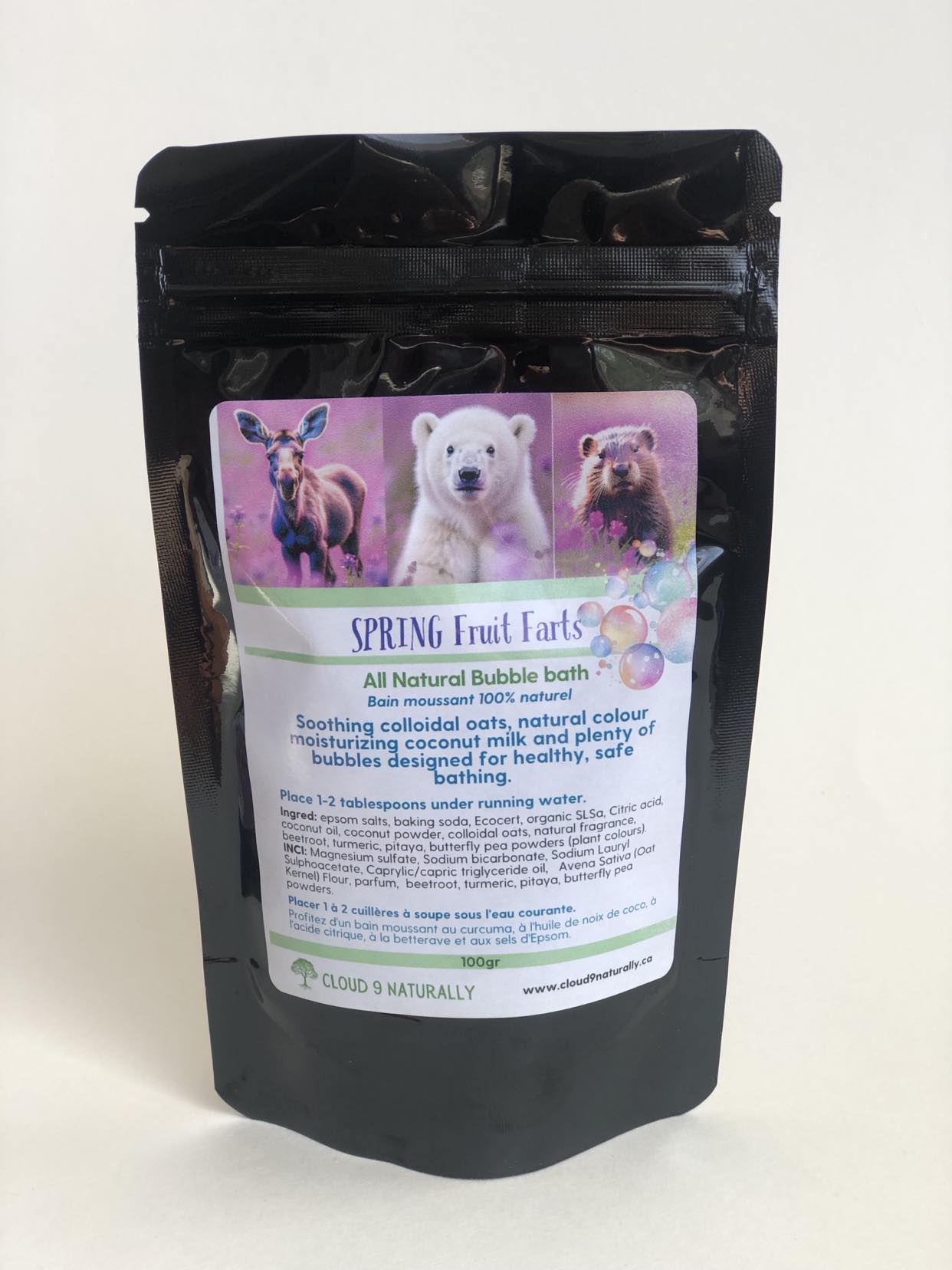 Black 100gr mylar bag spring fruit farts bubble bath.