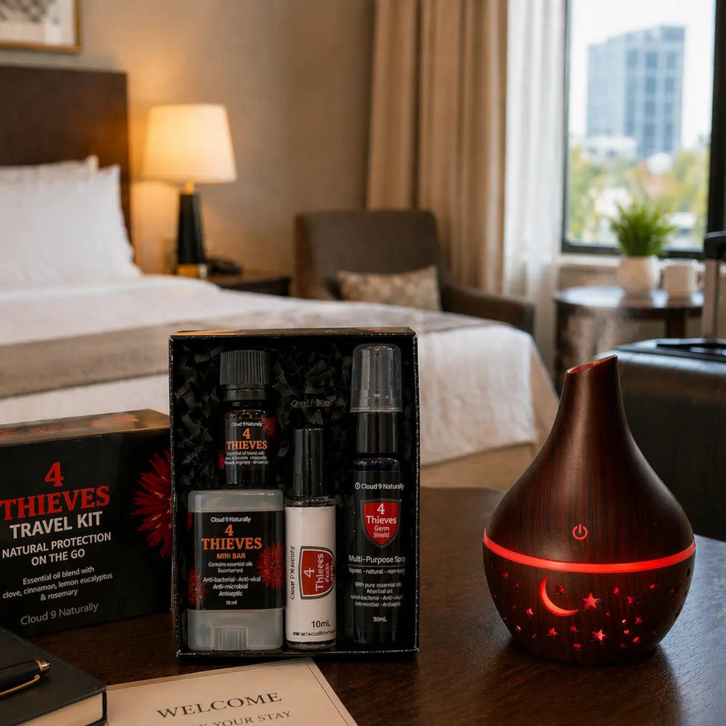 4 Thieves and diffuser in hotel room