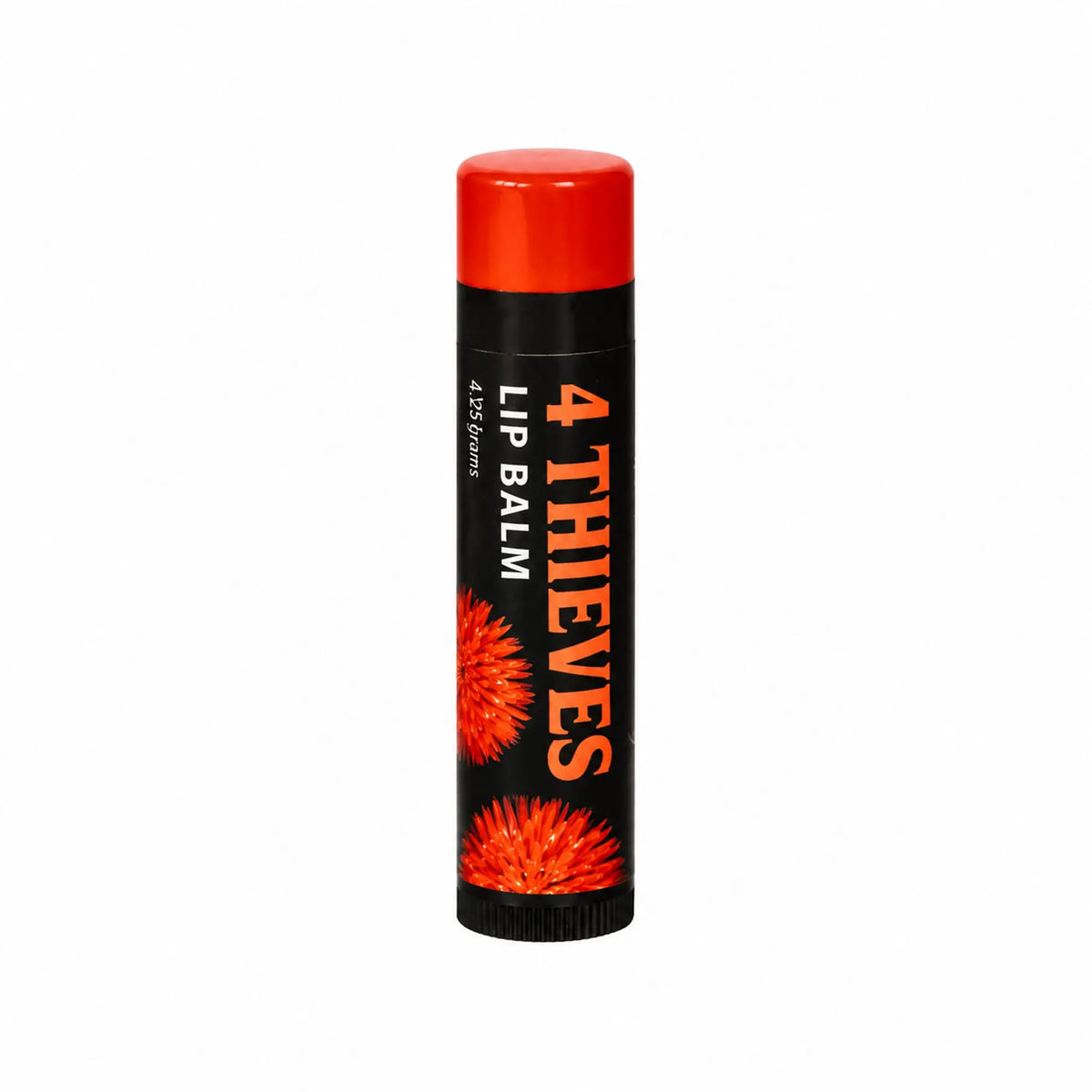 Lip balm with red cap and black label featuring '4 Thieves' on a white background
