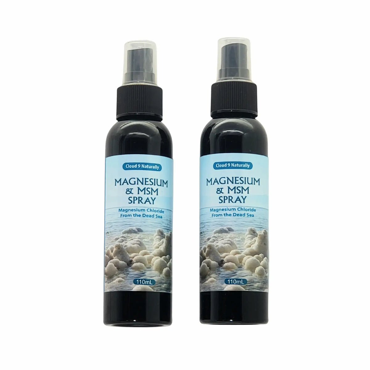 Two 110ml spray bottles of Cloud 9 Naturally Magnesium & MSM Spray, shown side-by-side on a plain white background.