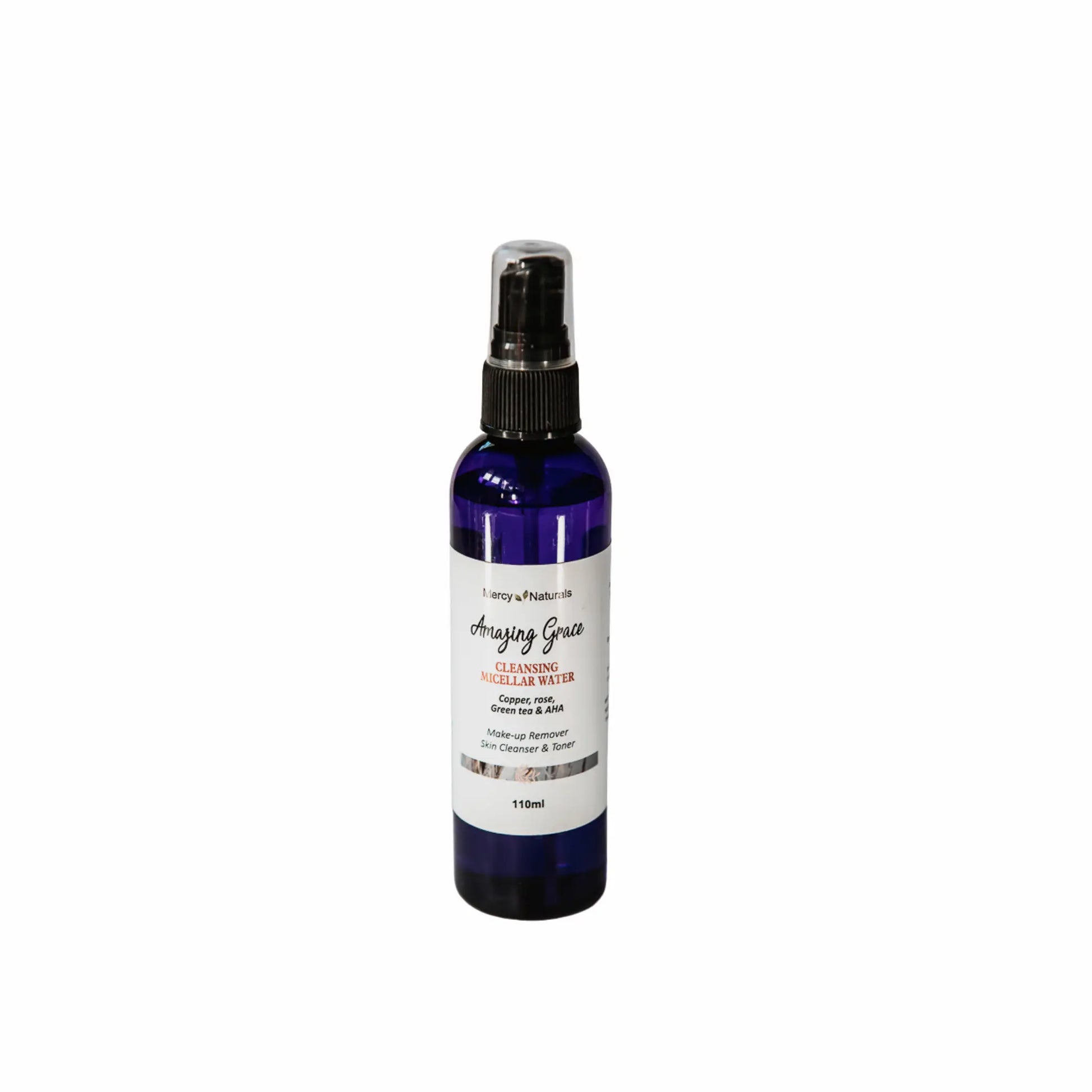 Blue spray bottle with a white label on a white background
