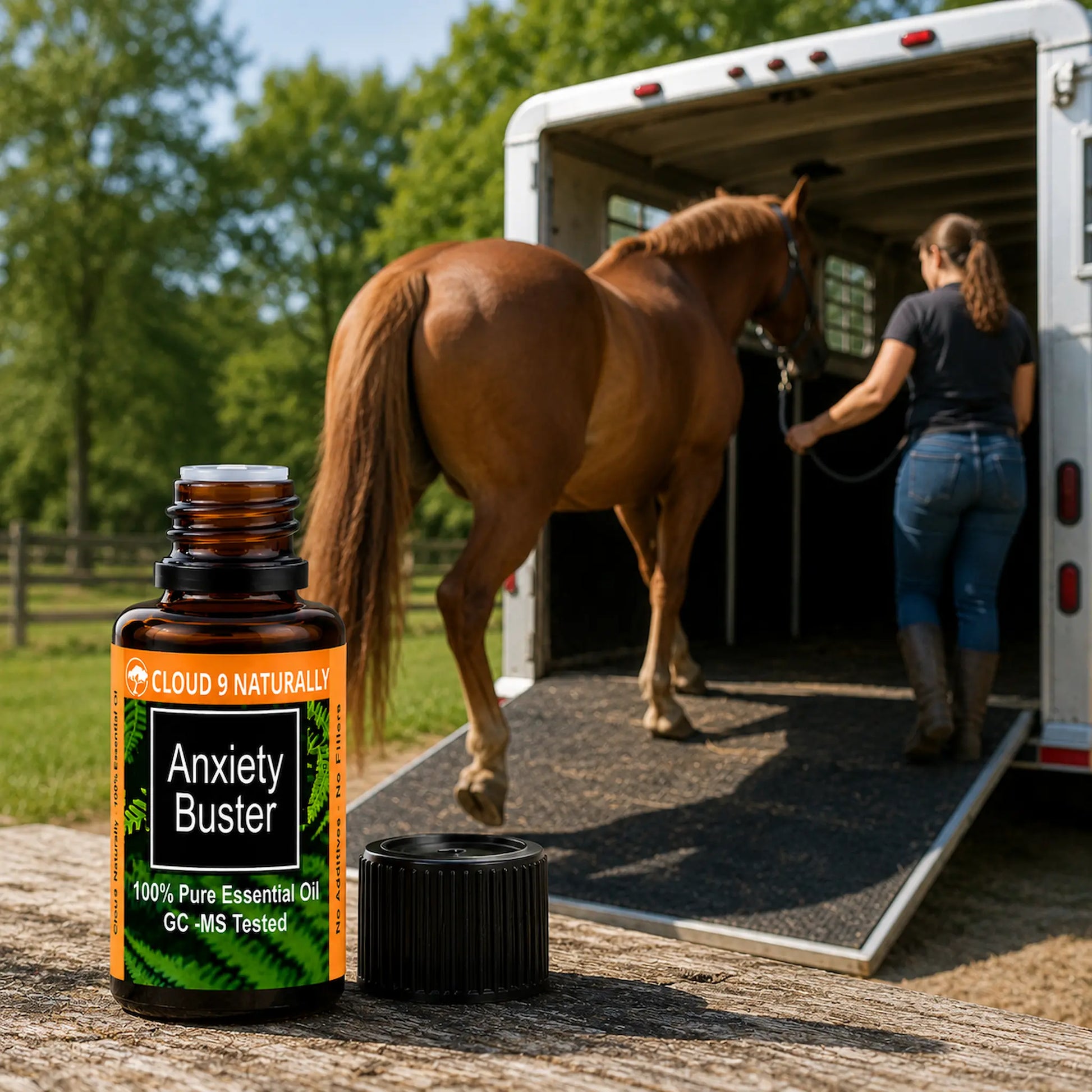  Anxiety buster and horse walking calmly into horse trailer