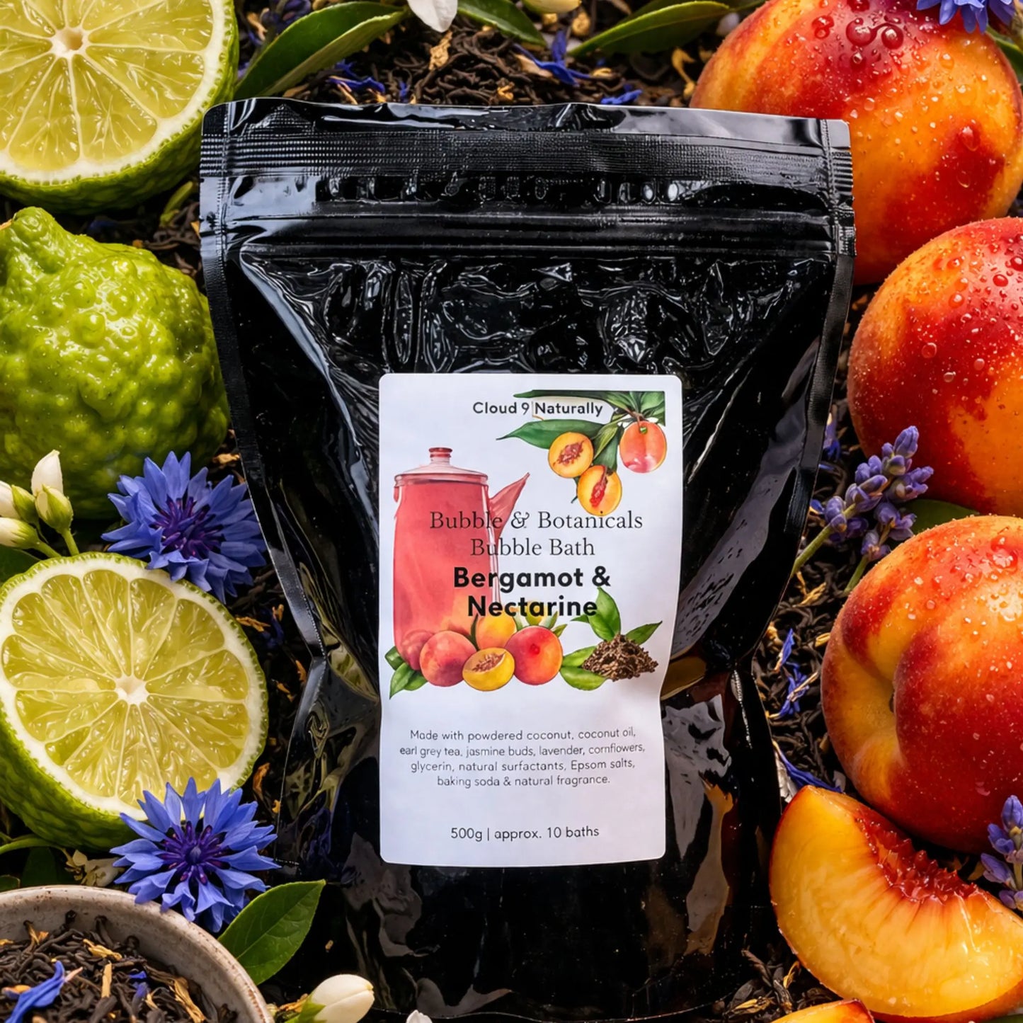 Bergamot nectarine herbal bubble bath surrounded by fruit