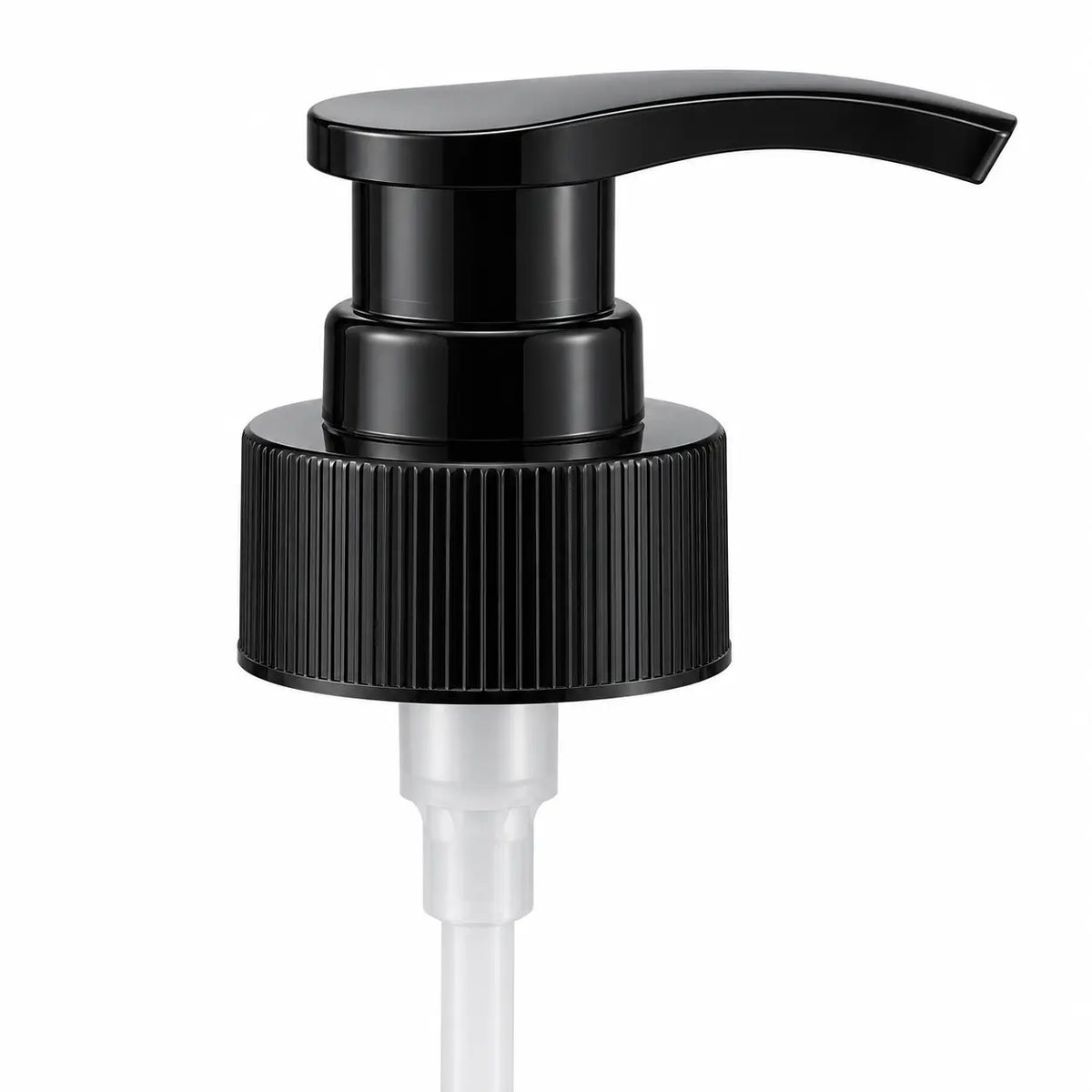 A close-up of a black pump dispenser with a ribbed cylindrical base and a curved top lever, shown with a clear plastic tube on a white background.