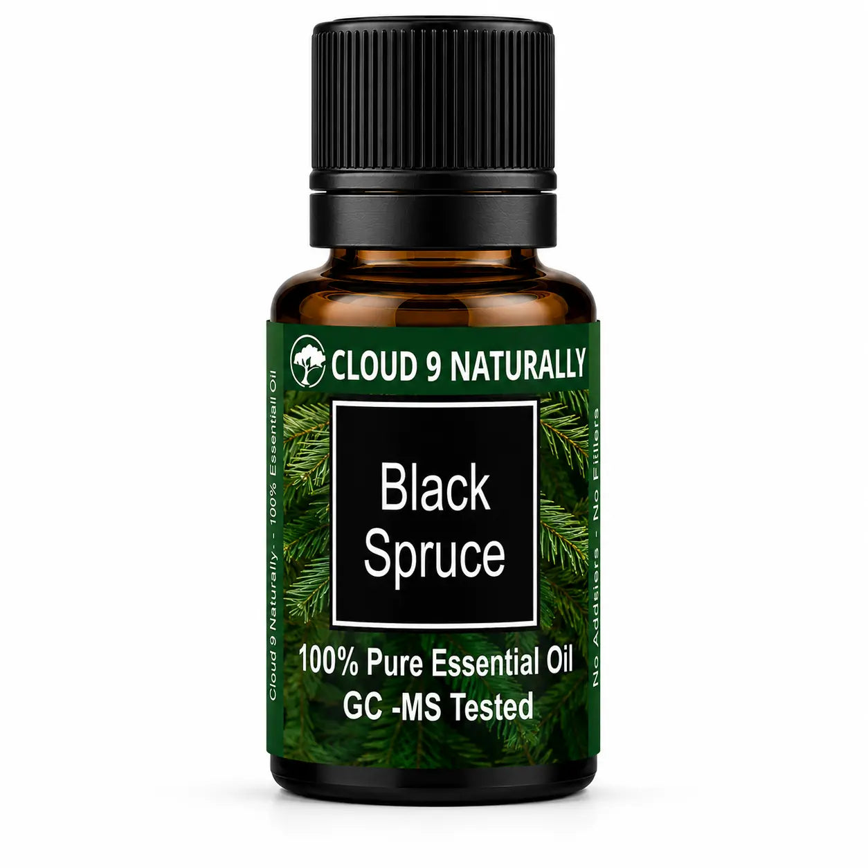 Black Spruce essential Oil on white background