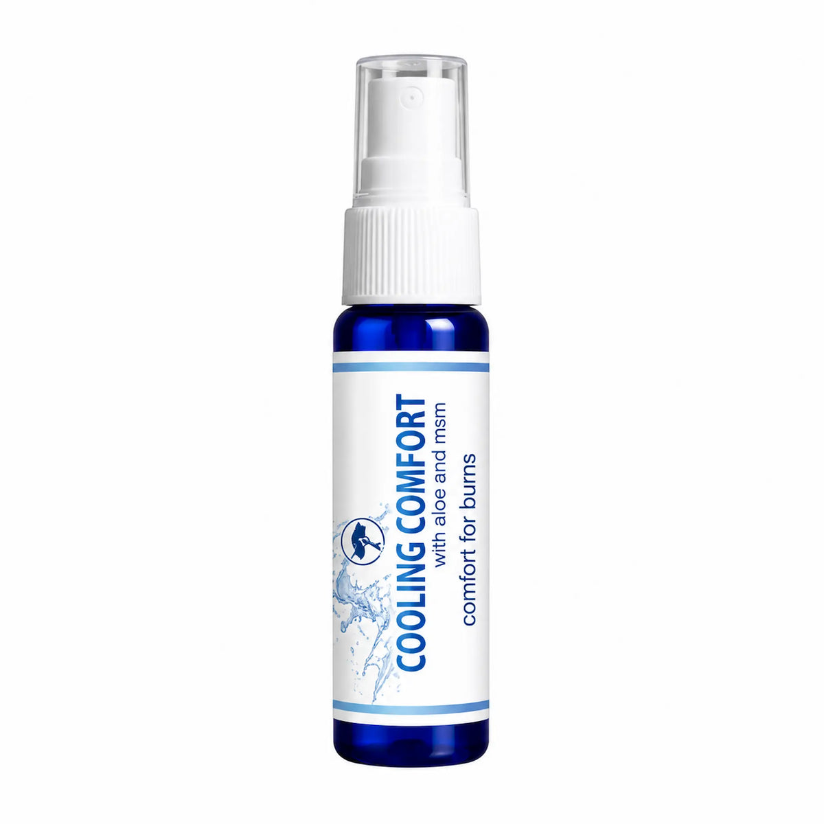 A small blue spray bottle with a white pump and clear cap, labeled 'COOLING COMFORT' and 'comfort for burns,' on a plain white background.