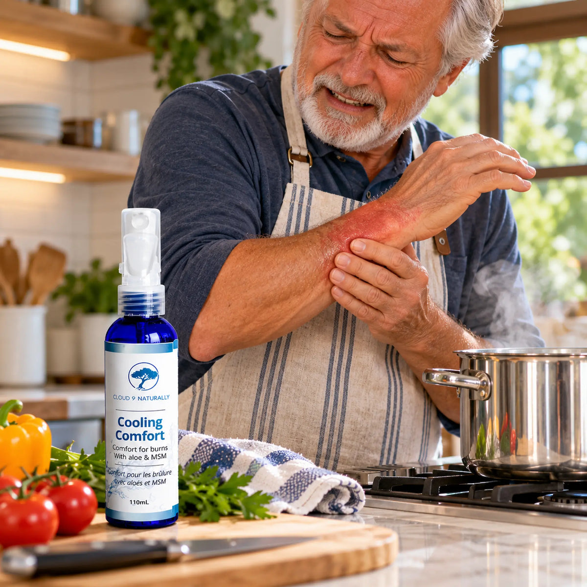 An older man in a kitchen sprays a cooling comfort spray onto his arm which has a heat burn. The blue bottle labeled 'Cooling Comfort' is in the foreground with fresh vegetables and a pot on the stove.