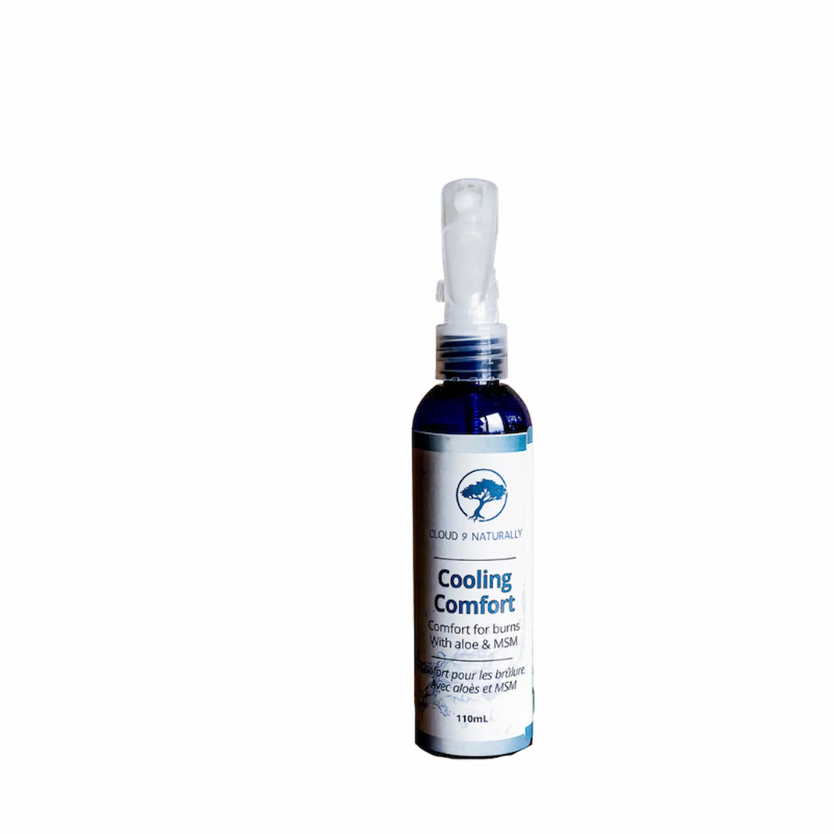 A 100mL spray bottle of Cloud 9 Naturally Cooling Comfort spray for burn pain relief, shown on a plain white background.
