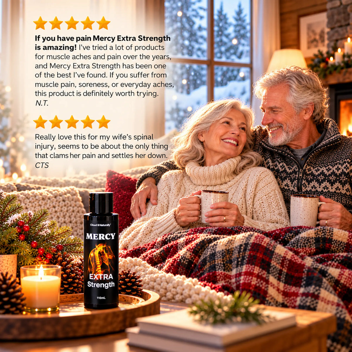 A lifestyle scene shows a couple in a cozy living room wrapped in a blanket, holding mugs, with a bottle of Mercy Extra Strength muscle pain relief cream placed on a table in the foreground. The image includes customer testimonials at the top.