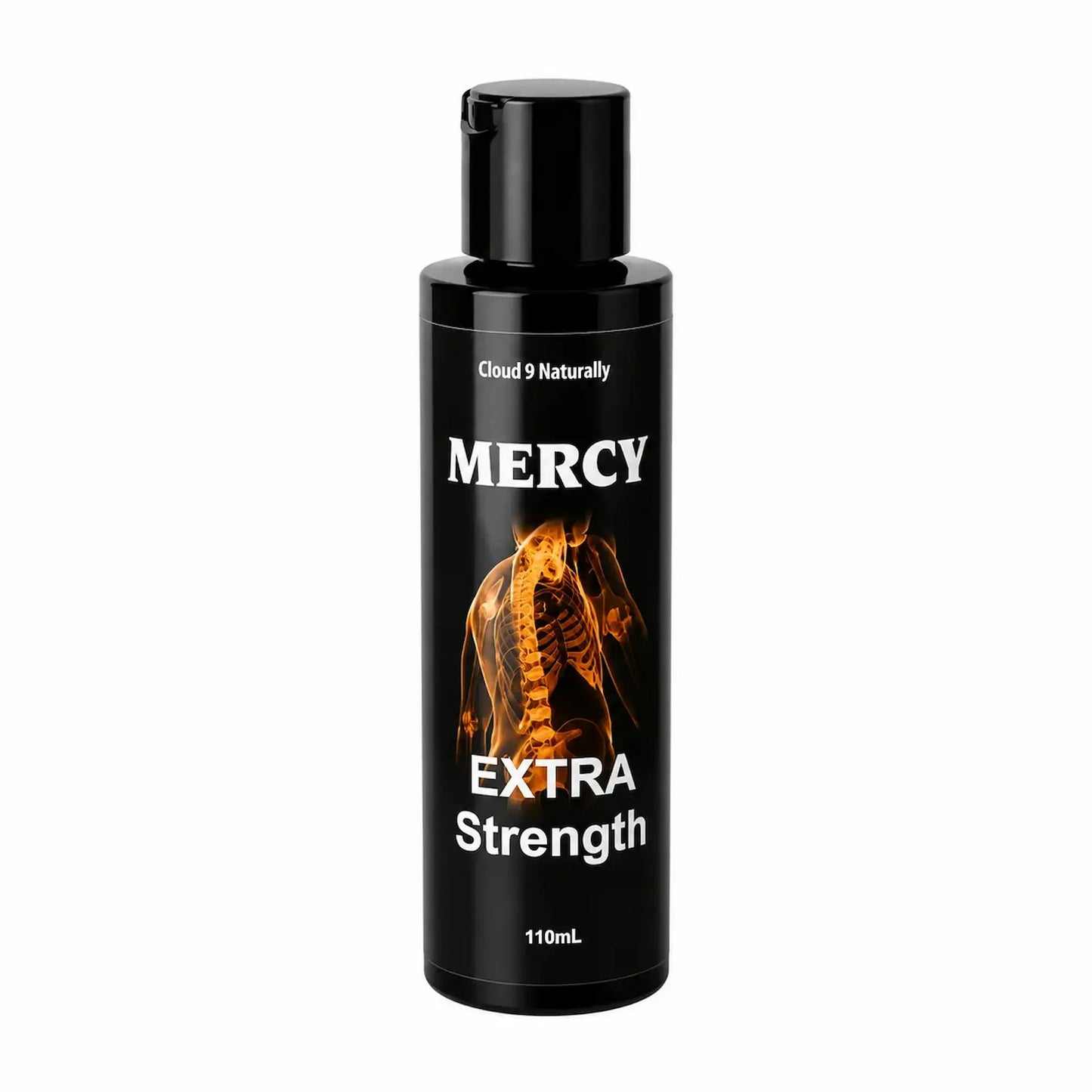 Black bottle labeled 'Mercy Extra Strength' with an image of a horse on a white background