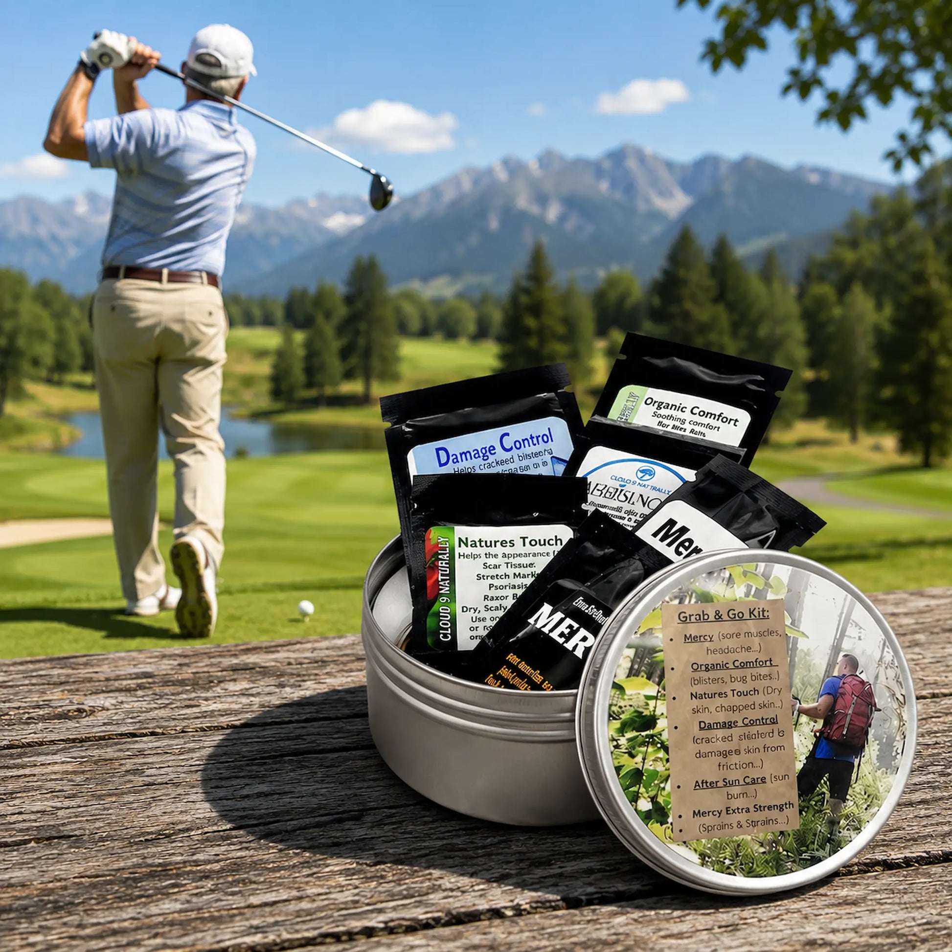 Golfer with Cloud 9 Naturally grab and go kit