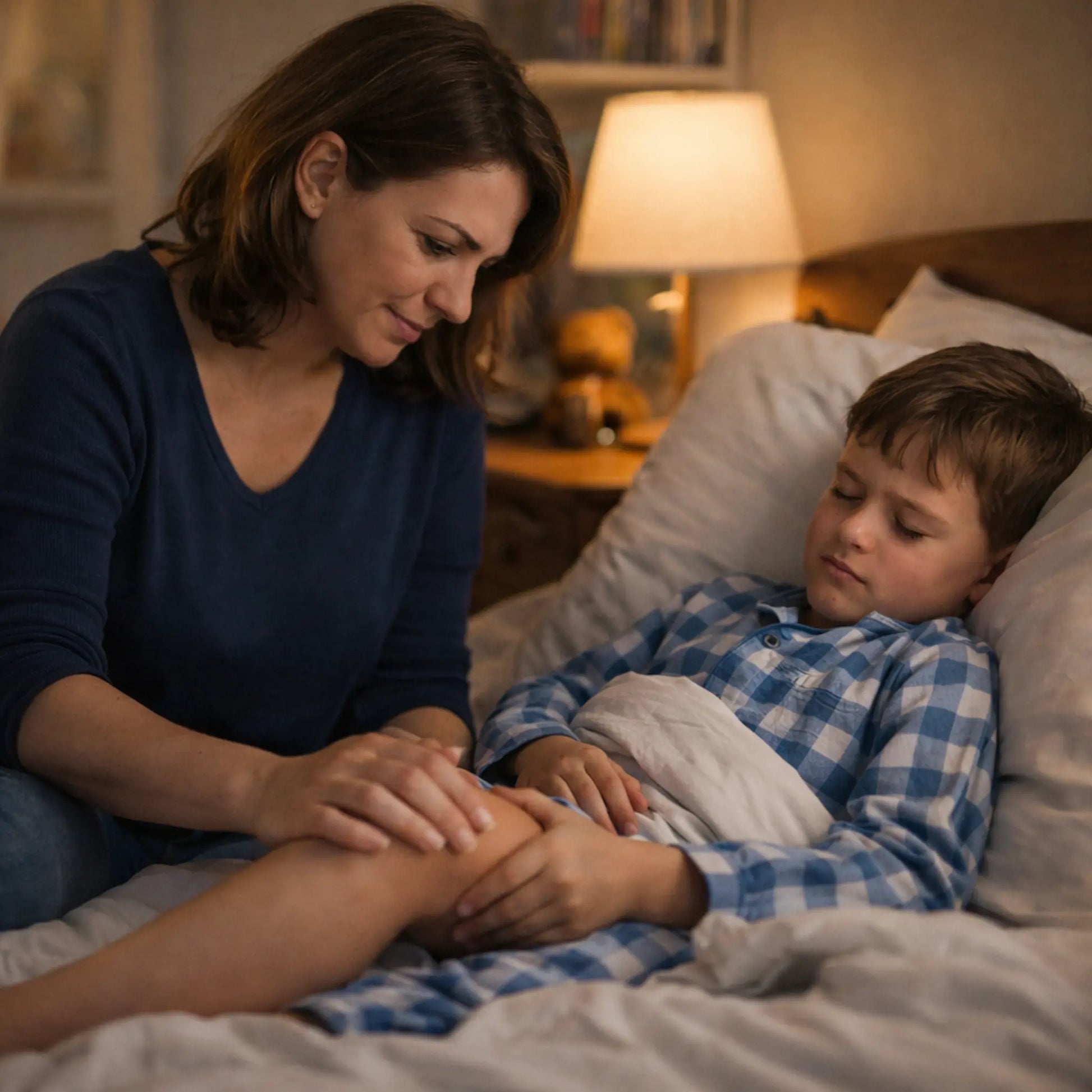 Mom sitting with young boy with growing pains.