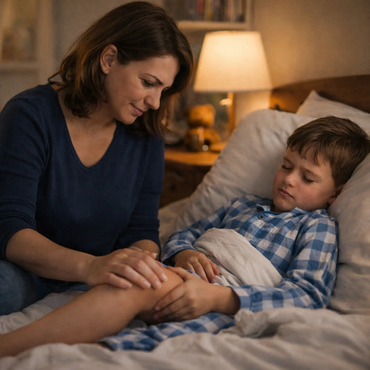 Mom sitting with young boy with growing pains.