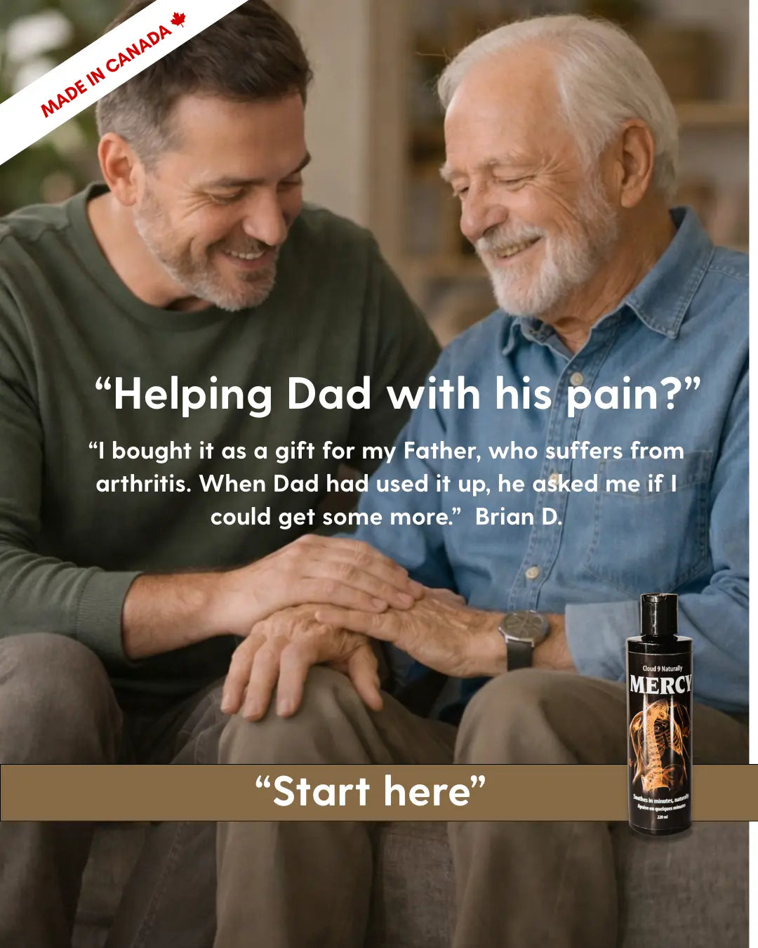 Two men sitting together, one holding a bottle with text about pain relief and a product name.