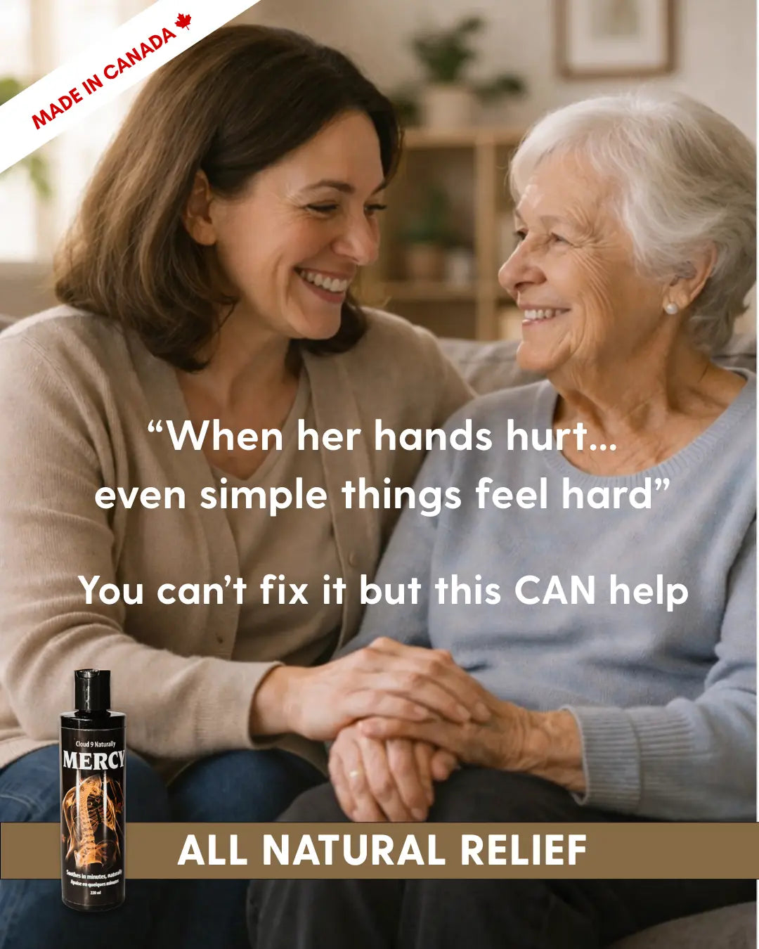 Two women sitting together with a bottle of 'Mercy' product, text about hand pain relief.