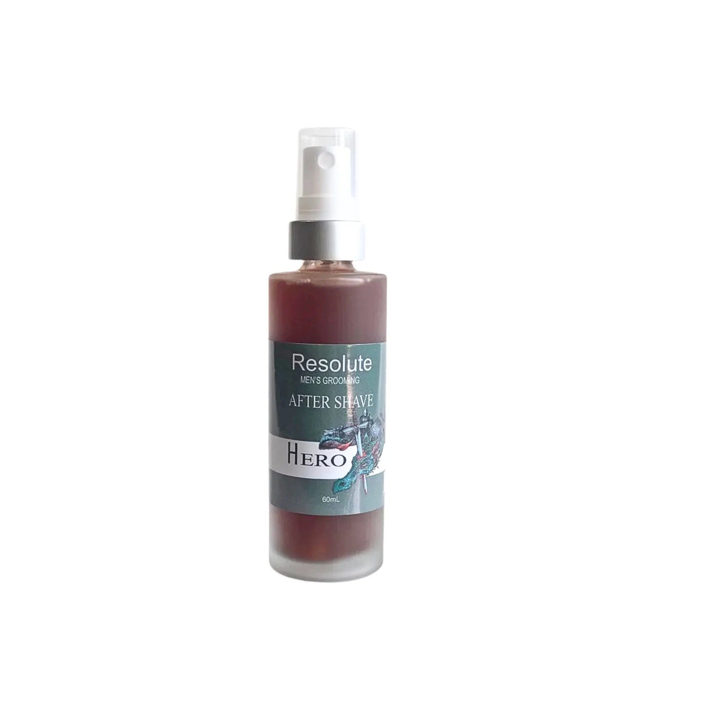 A 60ml spray bottle of Hero Resolute Men's Organic After Shave, featuring a dark reddish-brown liquid inside a frosted glass bottle with a white spray nozzle and a dark gray label.