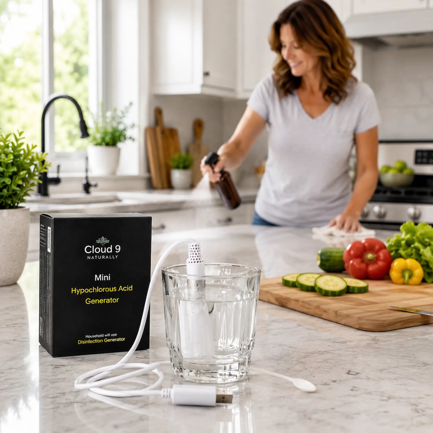 A woman in a kitchen uses a Cloud 9 Natural Mini Hypochlorous Acid Generator, which is shown with its black retail box and a glass water chamber in the foreground on a marble kitchen counter.