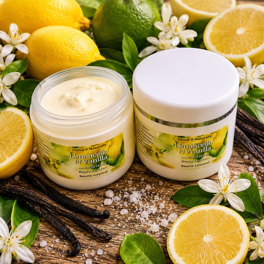 Limoncello body butter surrounded by lemons and lemon flowers