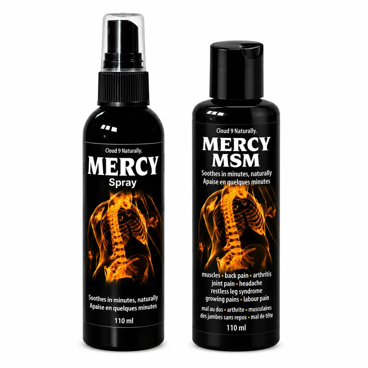 Two black bottles of Cloud 9 Naturally Mercy Spray and Mercy MSM on a plain white background, with the left bottle being a spray bottle and the right bottle being a lotion bottle, both featuring a glowing orange anatomical spine graphic on the label.
