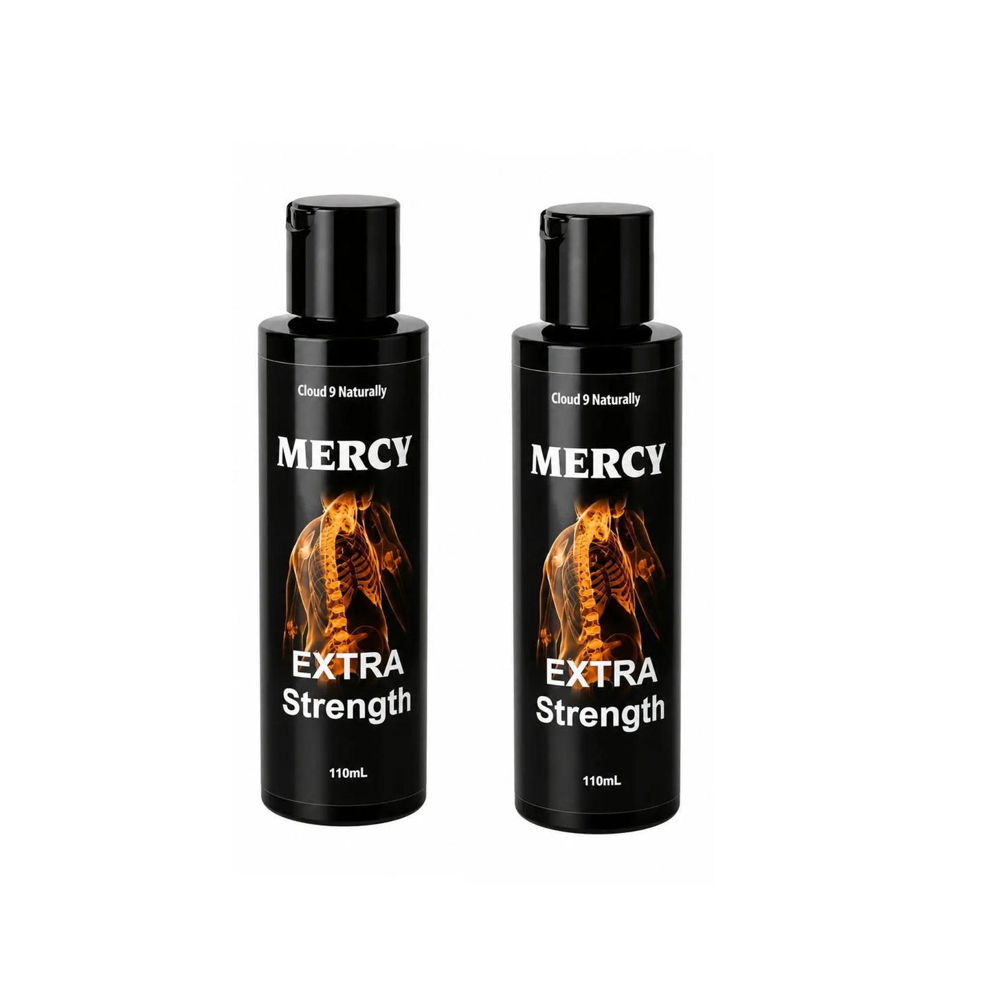 Two bottles of 'Mercy Extra Strength' on a white background