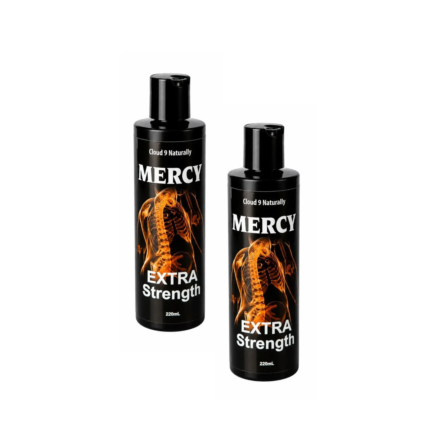Two bottles of 'Mercy Extra Strength' on a white background