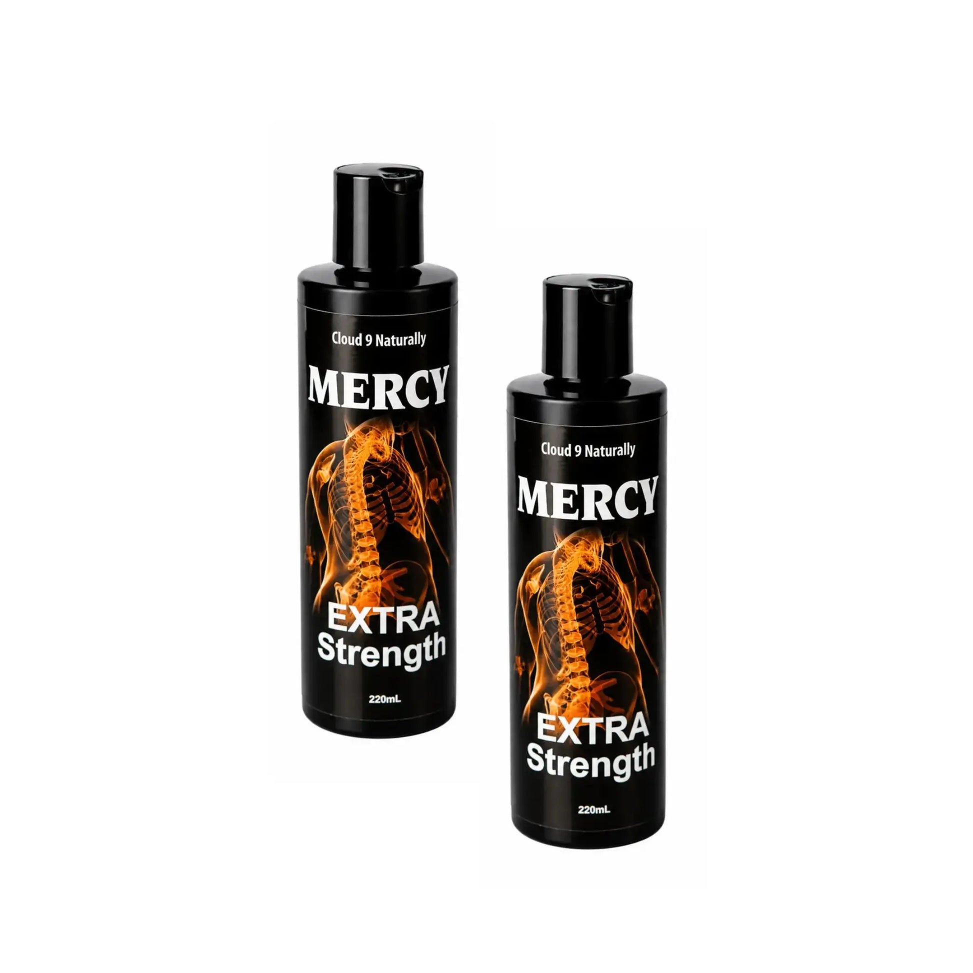 Two bottles of 'Mercy Extra Strength' on a white background