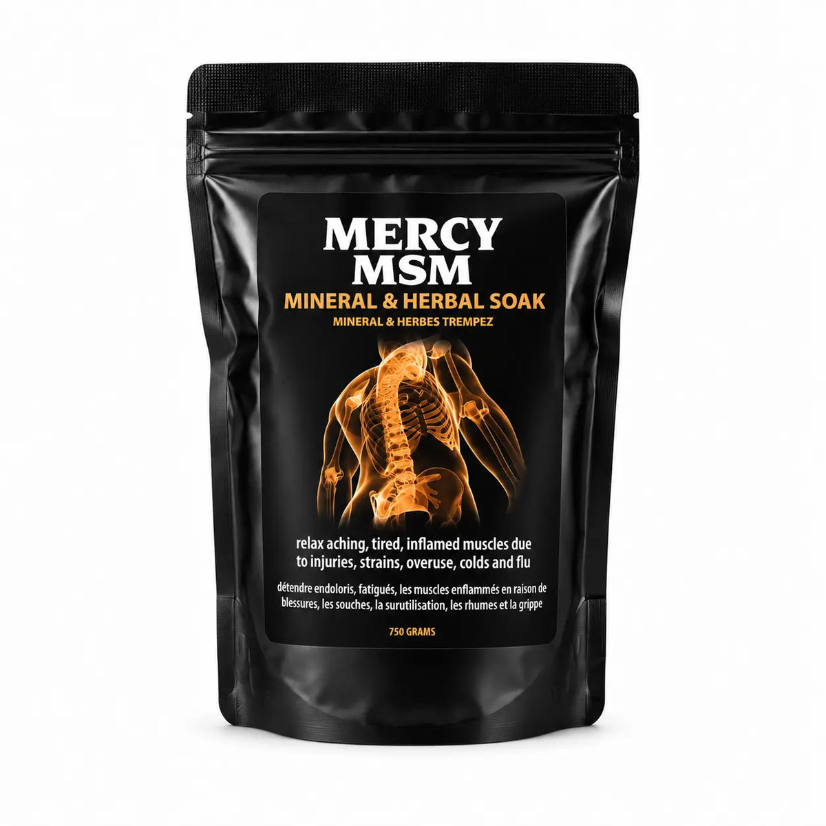 Black packaging of Mercy MSM Mineral & Herbal Soak with an orange skeleton illustration on a white background