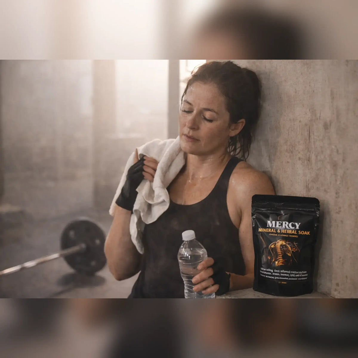 A woman in a gym setting, leaning against a concrete wall and holding a towel and water bottle, with a black pouch of Mercy Mineral  next to her.