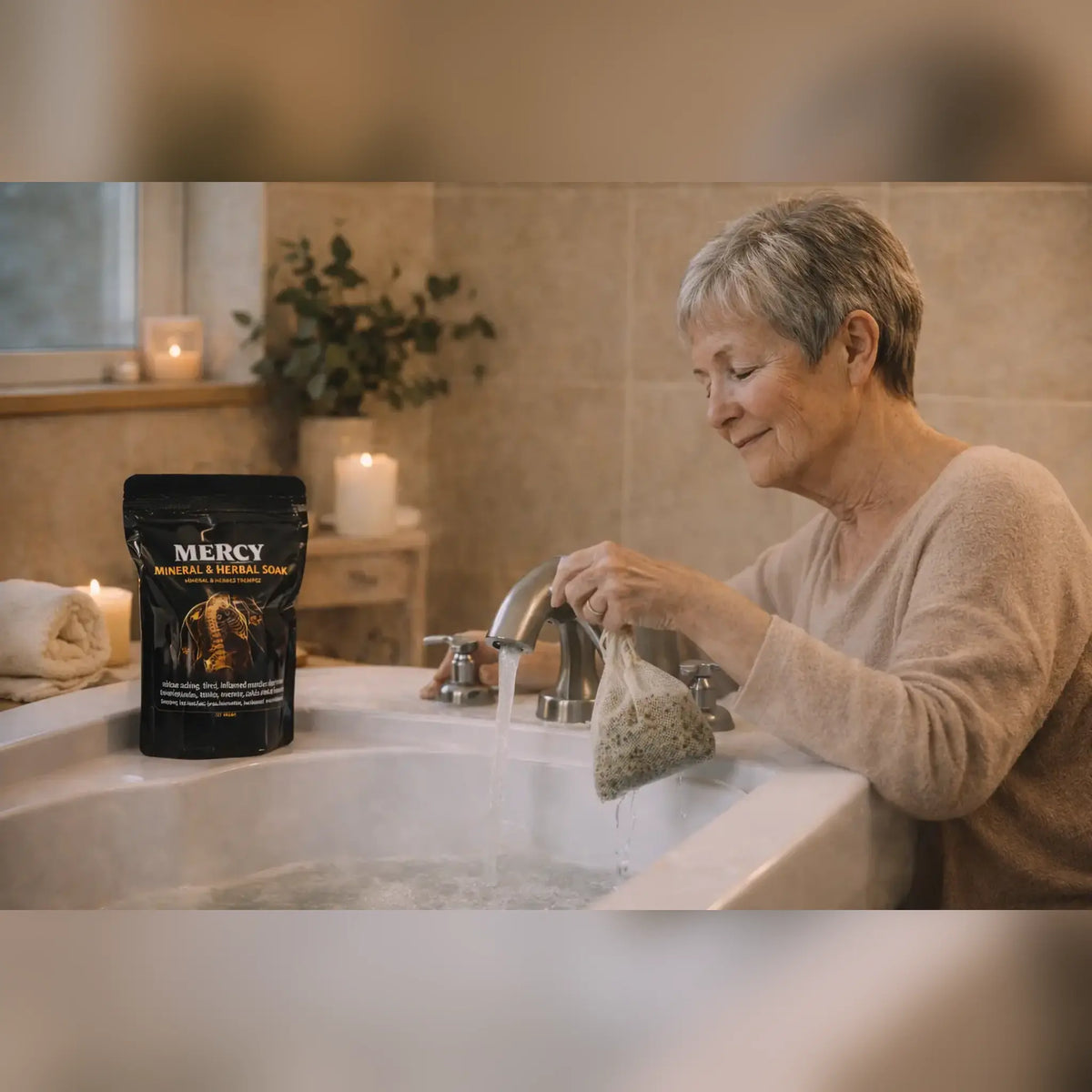 An older woman stands at a bath holding a small mesh bag filled with granules, with a black pouch labeled MERCY standing  beside her. The scene is softly lit with candles and a tiled wall in the background.