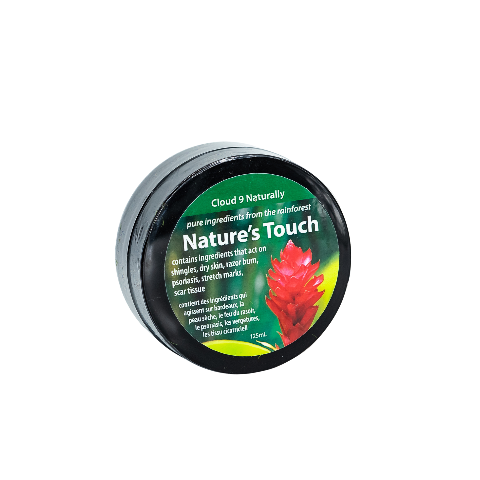 Nature's Touch product container with a floral design on a white background