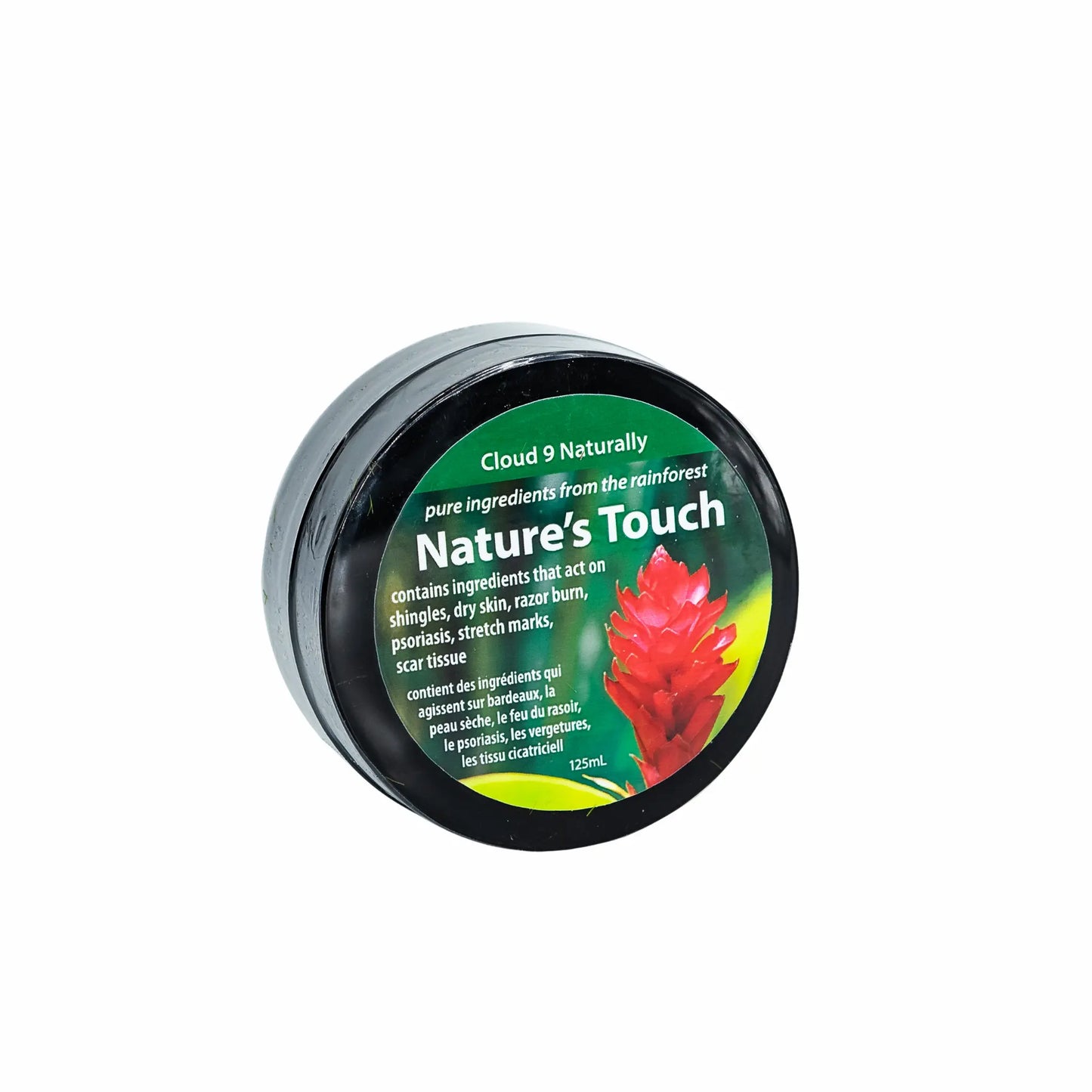 Nature's Touch product container with a floral design on a white background