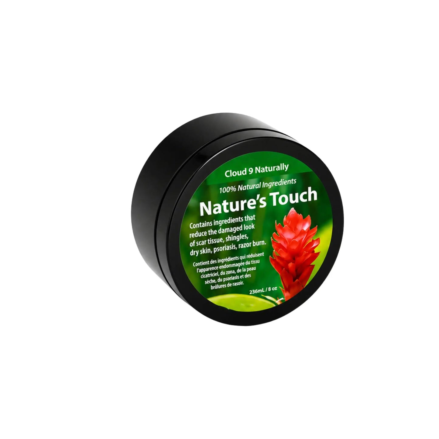 Container of 'Nature's Touch' with a green label and red flower graphic on a white background