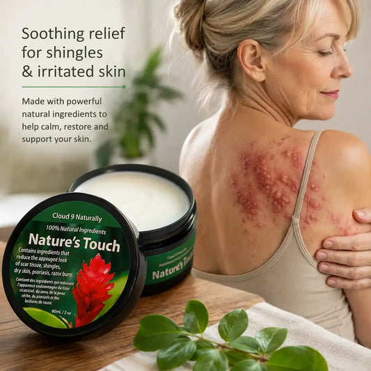 Woman with shingles on her back next to a jar of 'Nature's Touch' cream.