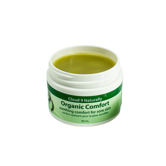 white background , organic comfort 30ml plastic jar.