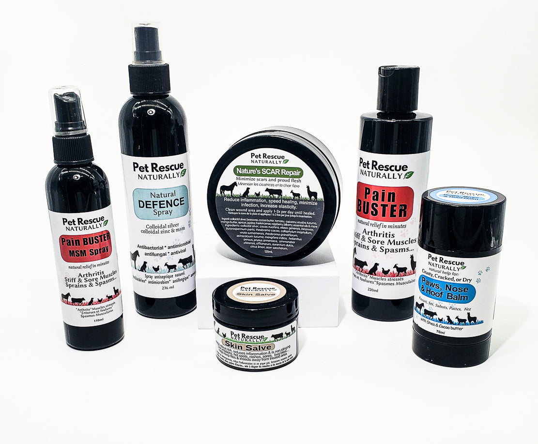 Our pet rescue pet collection all plastic black containers. Pain buster spray 110ml, & 220ml lotion, Naural Defence spay 236ml, Skin Salve 30ml, Natures Scar repain 125ml and Paws nose and hoof balm 70ml.